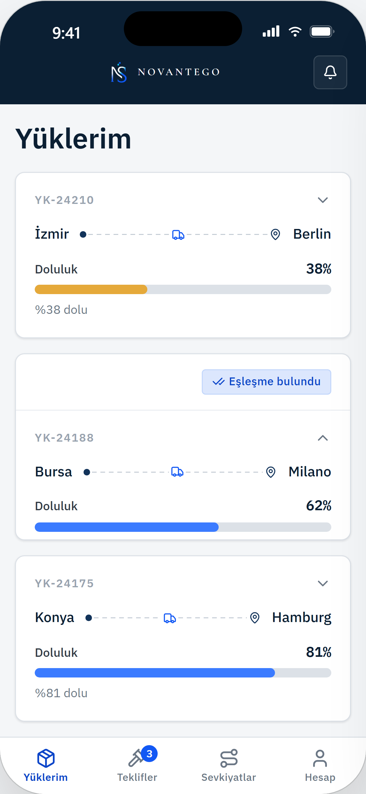 İhracatçı Yüklerim ekranı