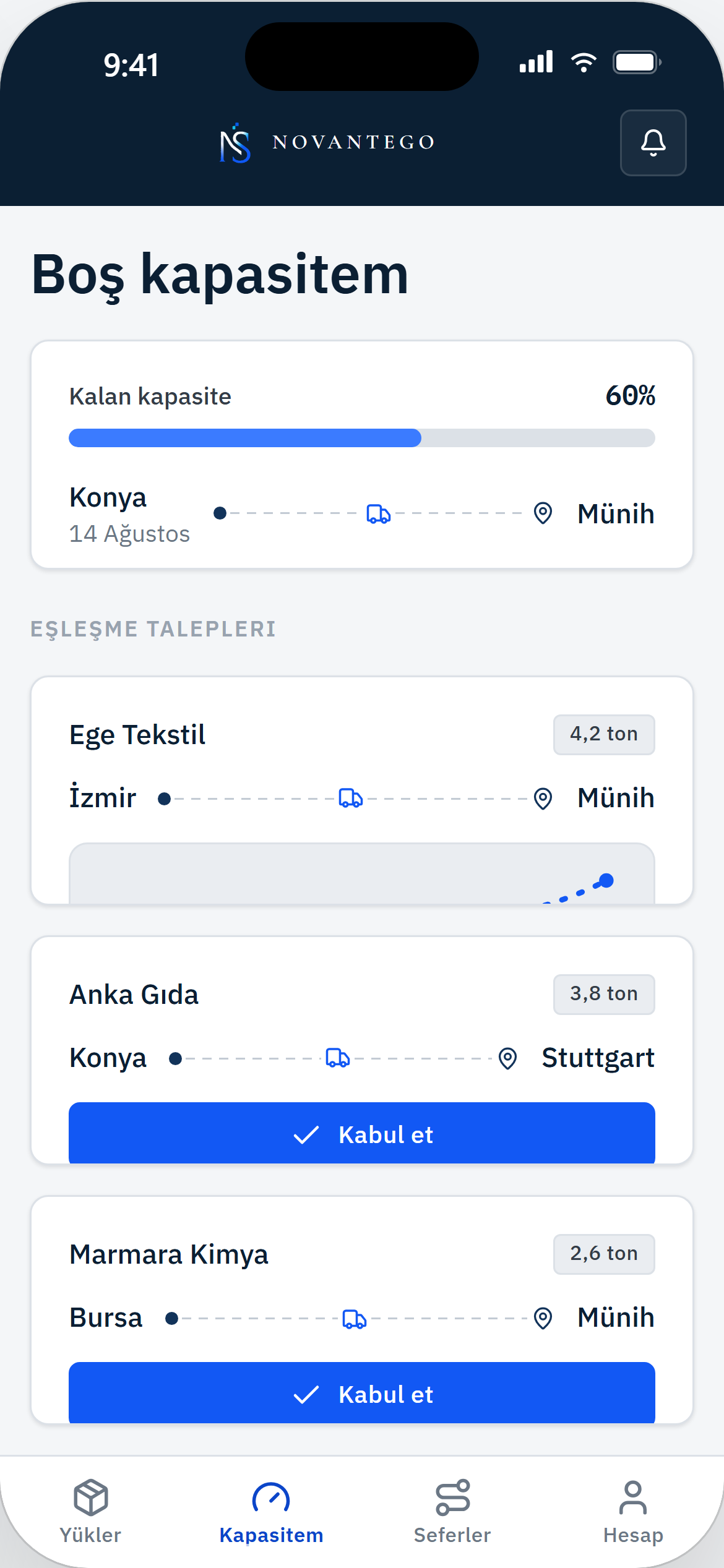 Taşıyıcı Boş kapasitem ekranı