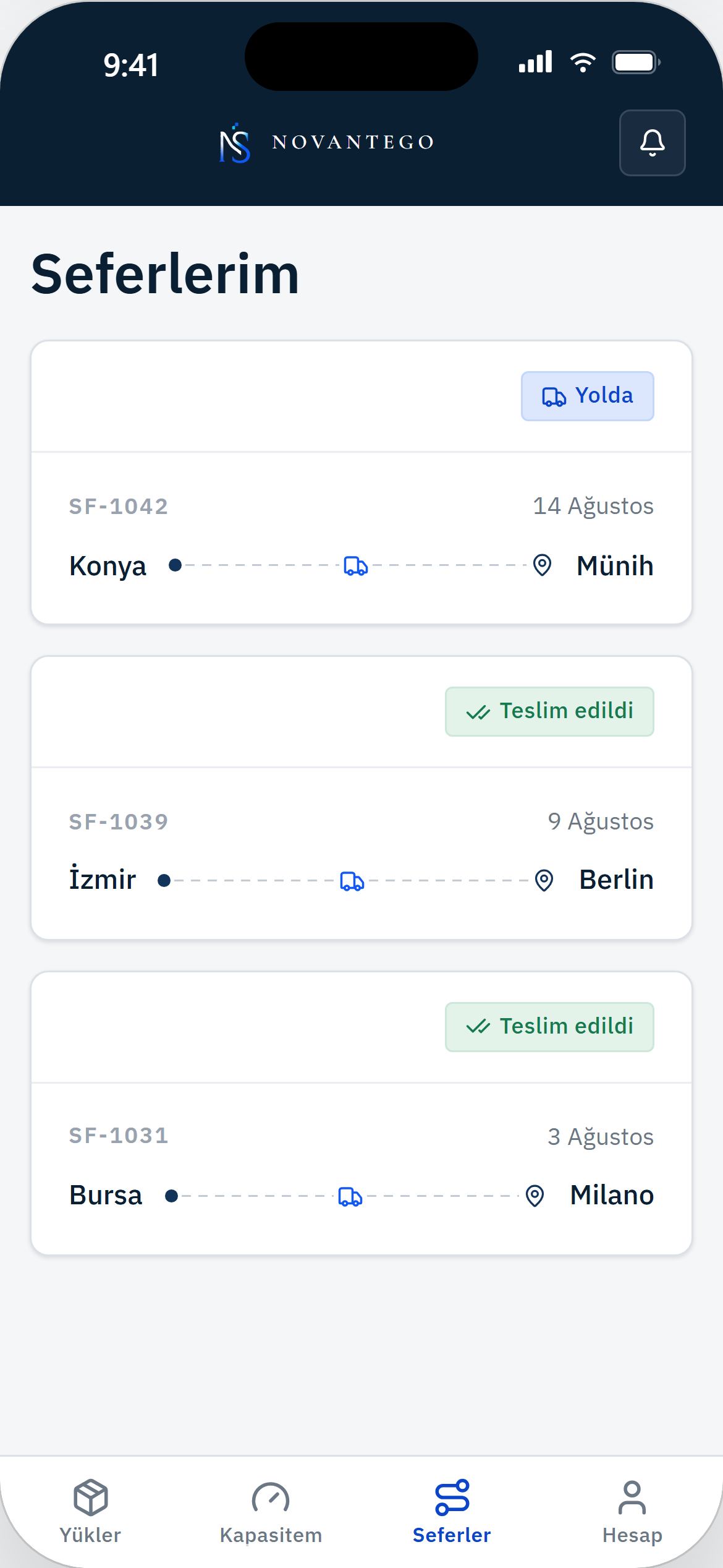 Taşıyıcı Seferlerim ekranı
